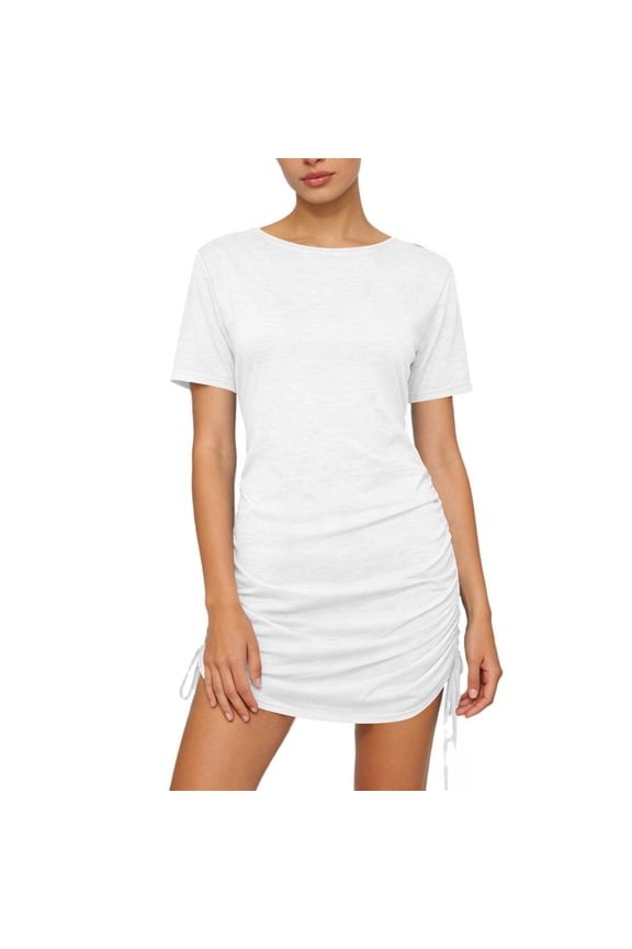 Women's Dress Solid Color Round Neck Short Sleeve Adjustable Drawstring Slim Fit Casual Chic