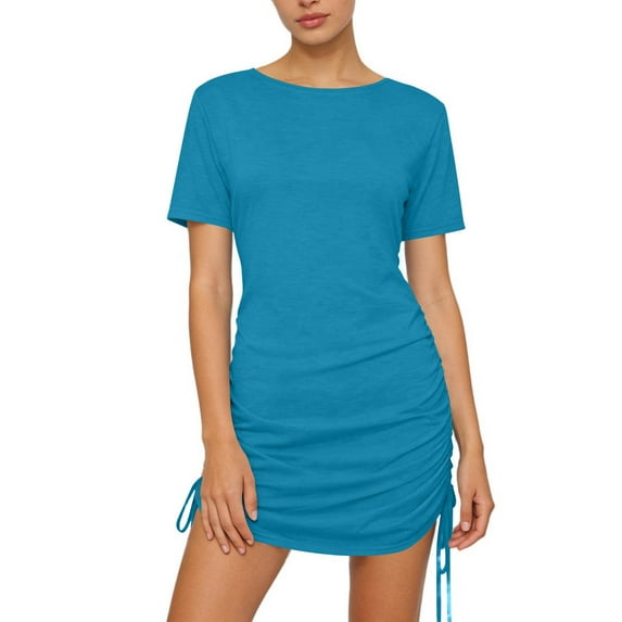 AUNVITO Women's Dress Solid Color Round Neck Short Sleeve Adjustable Drawstring Slim Fit Casual Chic