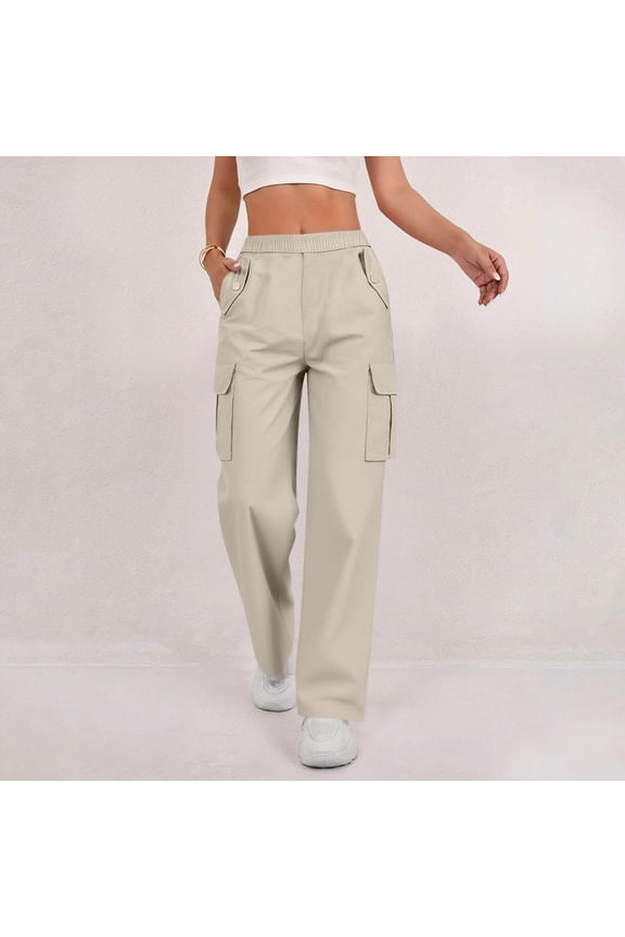 Women's Elastic Waist Cargo Pants with Button Front and Multiple Pockets Casual Utility Comfortable Fit