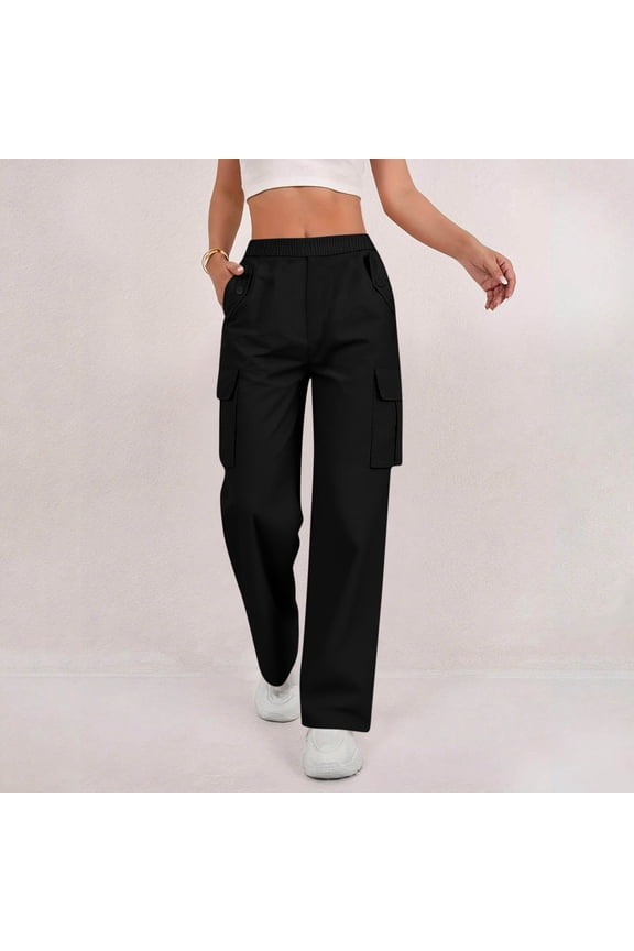 Women's Elastic Waist Cargo Pants with Button Front and Multiple Pockets Casual Utility Comfortable Fit