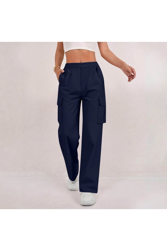 Women's Elastic Waist Cargo Pants with Button Front and Multiple Pockets Casual Utility Comfortable Fit