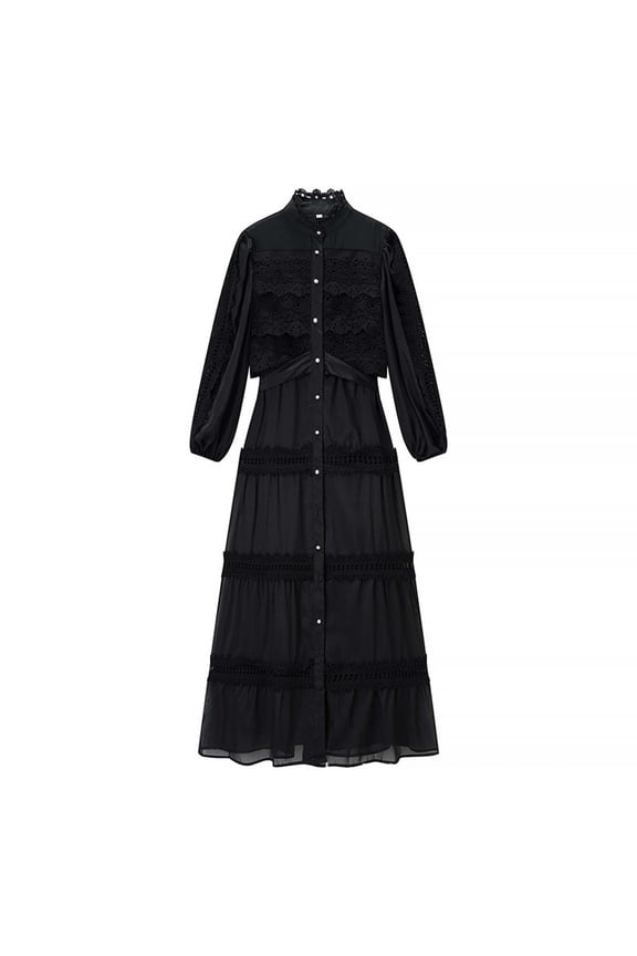 Women's Elegant Lace Casual Dress Long Sleeve Button Front Round Neck Durable Fabric Spring Fall Daily Party Wear