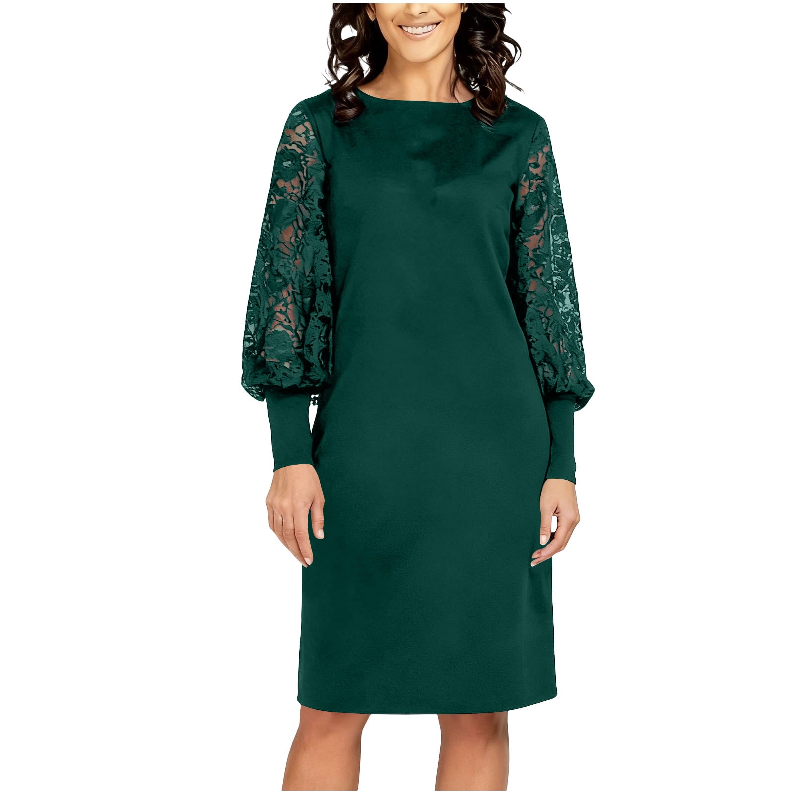 AUNVITO Women's Elegant Lace Dress Long Sleeve Round Neck Fitted Knee — free download