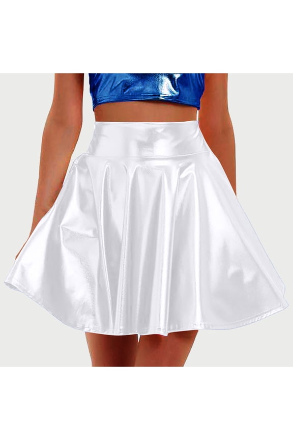 Women's Elegant Pleated Skirt Nightclub Stage Performance Flared A-Line Solid Color Mid-Length Skirt - Blue, White, Coffee, Gray, Green, Yellow
