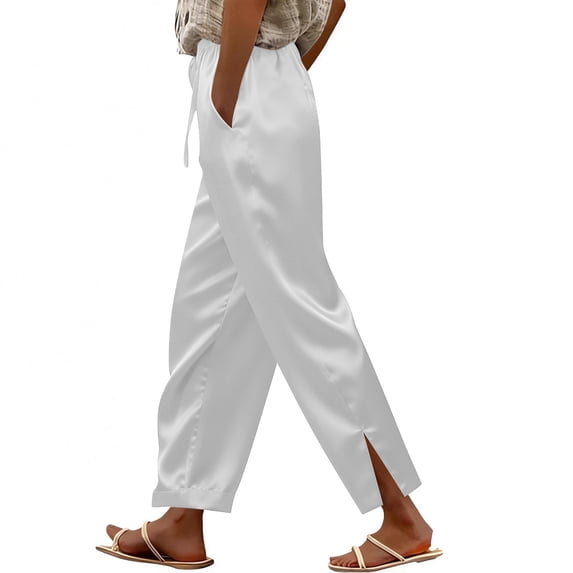 AUNVITO Women's Elegant Solid Color Satin Feel Slit Leg Pants Simple and Casual Style