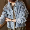 thumbnail image 1 of AUNVITO Women's Embroidered Denim Jacket Long Sleeve Casual Coat Floral Design No Hood Spring Summer Daily Wear Black Blue, 1 of 6