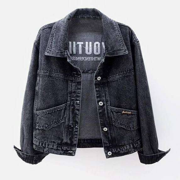 AUNVITO Women's Embroidered Denim Jacket Long Sleeve Casual Coat Floral Design No Hood Spring Summer Daily Wear Black Blue