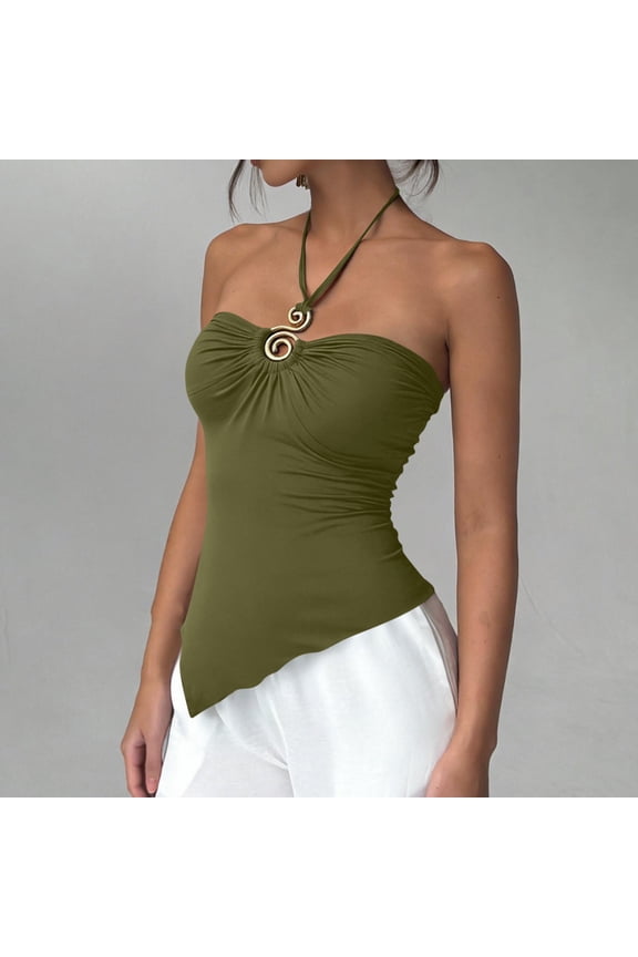 Women's Fashion Solid Color Halter Neck Drawstring Sleeveless Top with Asymmetric Hem Casual and Trendy Style