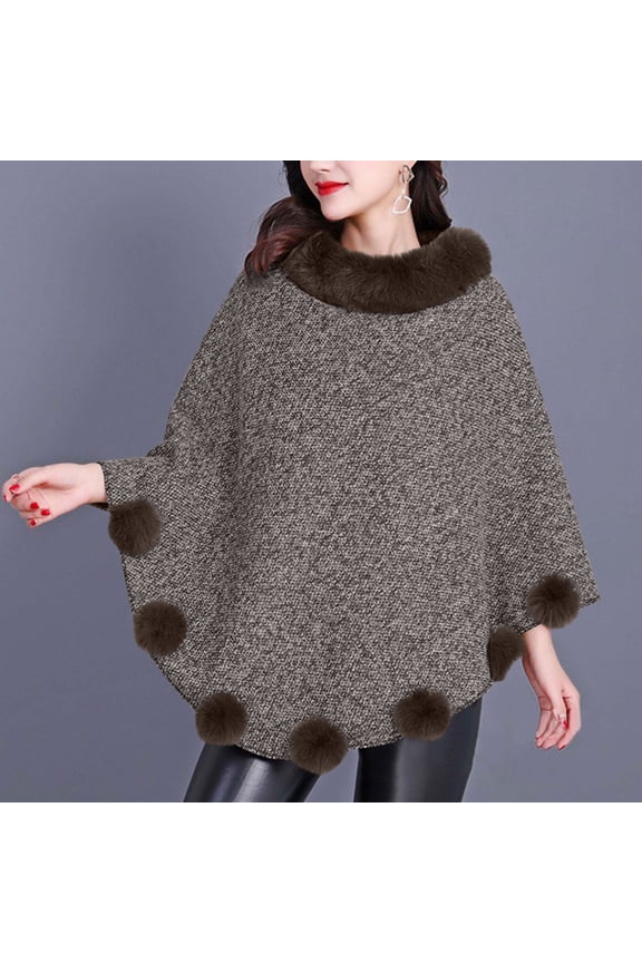 Women's Faux Fur Scarf Poncho Sleeveless Cape with Pom Poms Winter Warm Shawl Collar Casual Outerwear