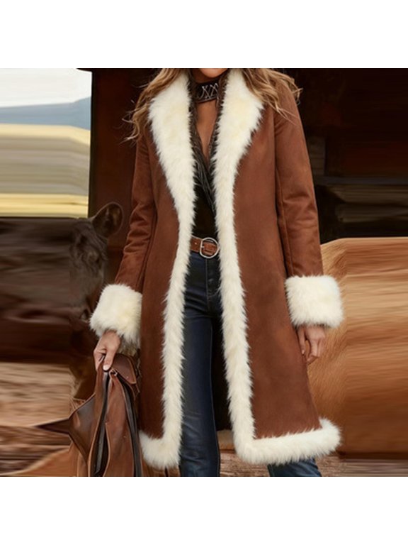 Women's Faux Shearling Long Coat Mid-Length Fleece Lined Luxury Casual Warm Style