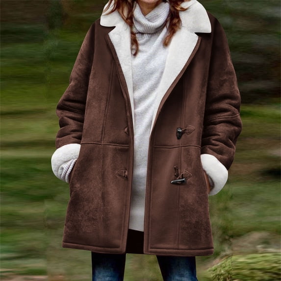 AUNVITO Women's Faux Suede Fleece Lined Jacket with Horn Button Closure Notch Lapel Long Sleeve Coat Casual Winter Outerwear