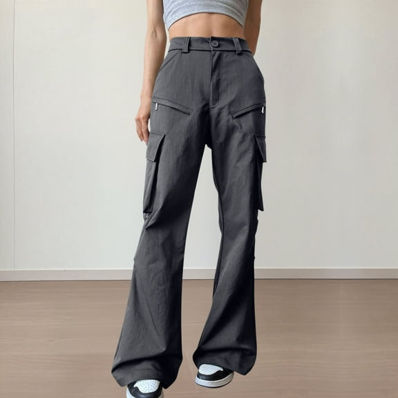 AUNVITO Women's Flared Loose Fit Cargo Pants with Zipper Pockets Straight Leg Casual Polyester High Waist Utility Work Pants