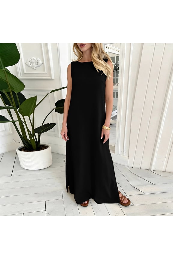 Women's Flax Tank Dress Round Neck Sleeveless Casual Summer Style