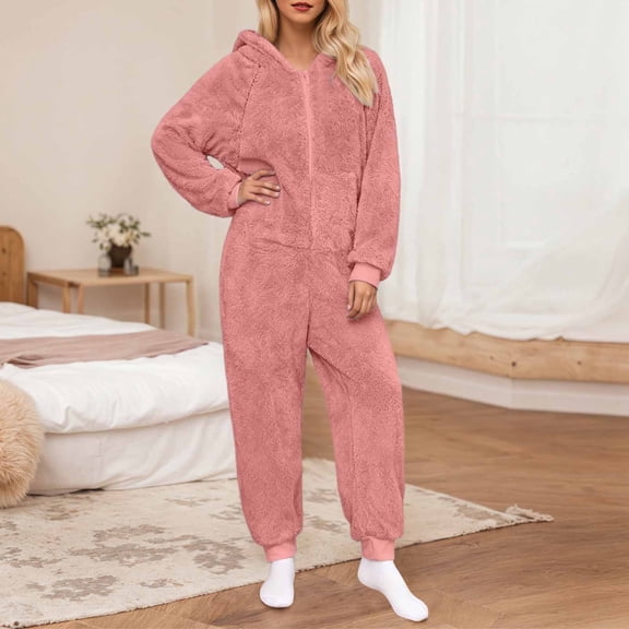 AUNVITO Women's Fleece Hooded Front Zipper Long Sleeve Jumpsuit Cozy and Comfortable Loungewear Style