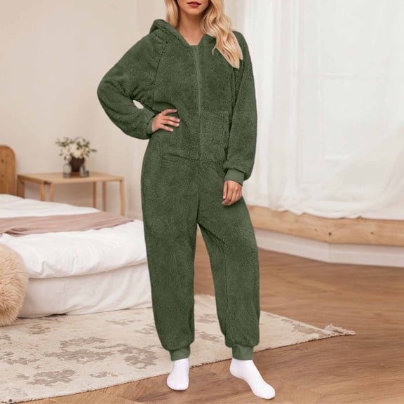 AUNVITO Women's Fleece Hooded Front Zipper Long Sleeve Jumpsuit Cozy and Comfortable Loungewear Style