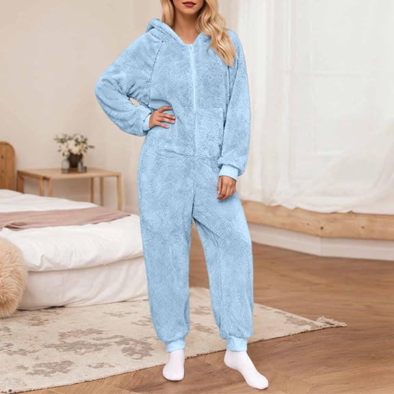 AUNVITO Women's Fleece Hooded Front Zipper Long Sleeve Jumpsuit Cozy and Comfortable Loungewear Style