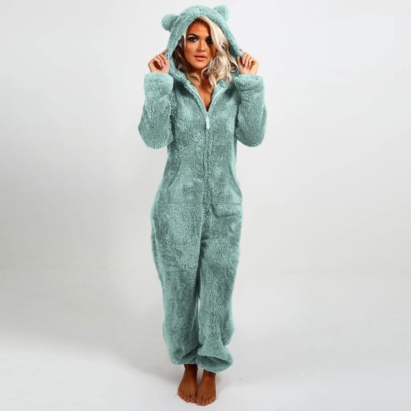 AUNVITO Women's Fleece Jumpsuit Hooded Long Sleeve with Zipper Pockets and Cat Ears Casual and Cozy Homewear