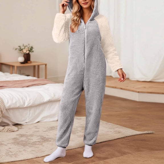 AUNVITO Women's Fleece Jumpsuit Pajamas Hooded Long Sleeve Front Zipper Cozy and Comfortable Homewear Style