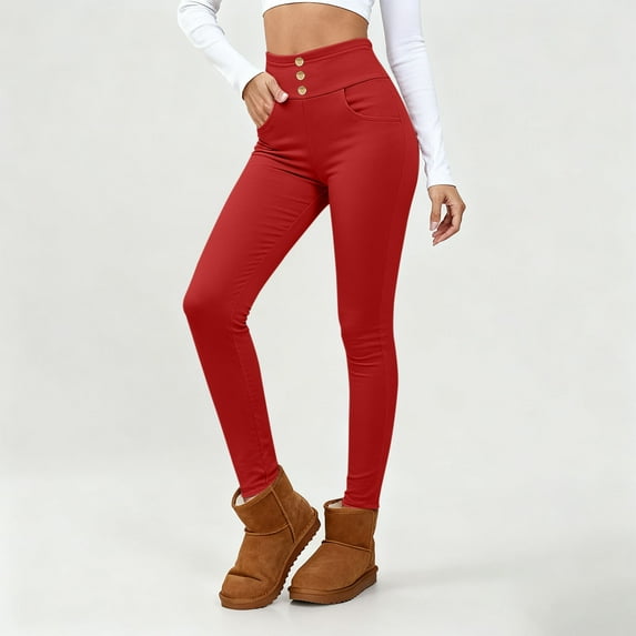 AUNVITO Women's Fleece-Lined High-Waisted Pants with Button Detail Pockets Casual Comfort Fit