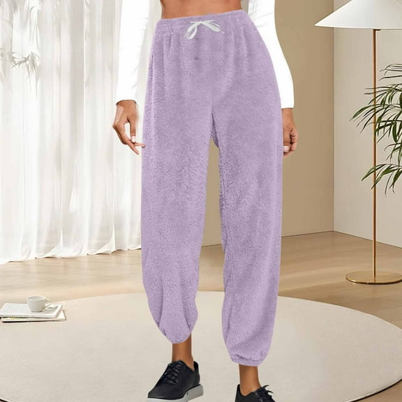 AUNVITO Women's Fleece-Lined Jogger Pants Elastic Waistband Cuffed Ankles Solid Color Winter Thermal Soft Warm Casual Lounge Pants