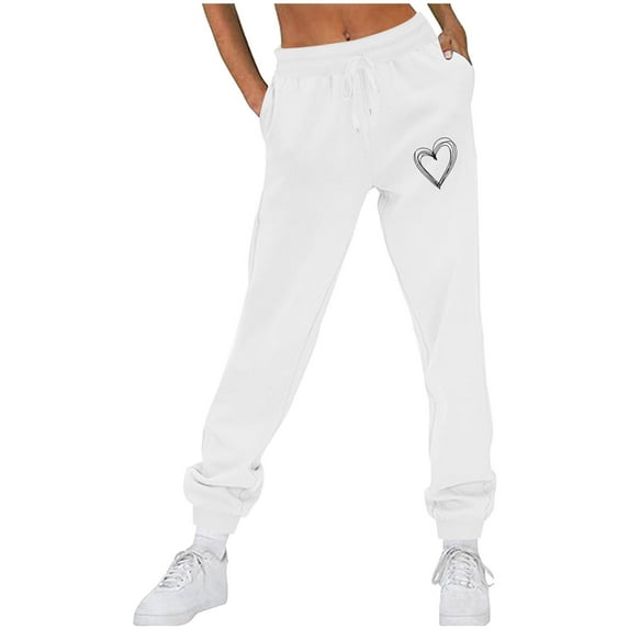 AUNVITO Women's Fleece-Lined Joggers Casual Solid Running Fitness Athletic Pants with Heart Print Warm Comfy Workout Trousers