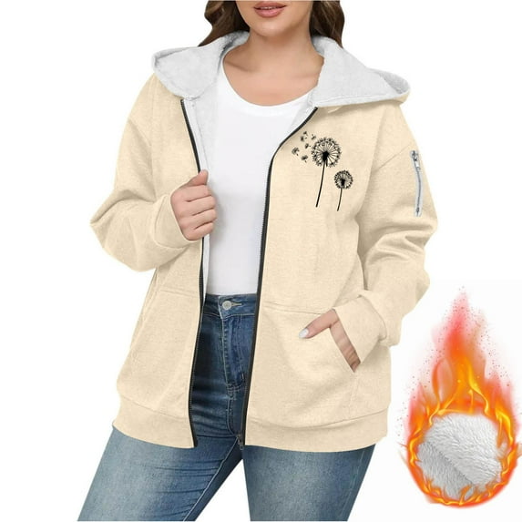 AUNVITO Women's Fleece Lined Windbreaker Jacket Hooded Thermal Insulated Loose Fit Drop Shoulder Long Sleeve Solid Print Outerwear