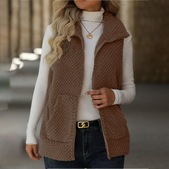 AUNVITO Women's Fleece Sleeveless Cardigan Solid Color Casual Outerwear Cozy Lightweight Jacket for Daily Outfits