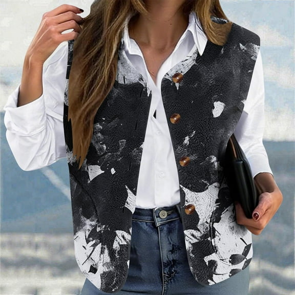 AUNVITO Women's Fleece Vest Warm Flannel-Like Loose Fit Button Front Casual Outerwear Winter Daily Print Uncollared Coat