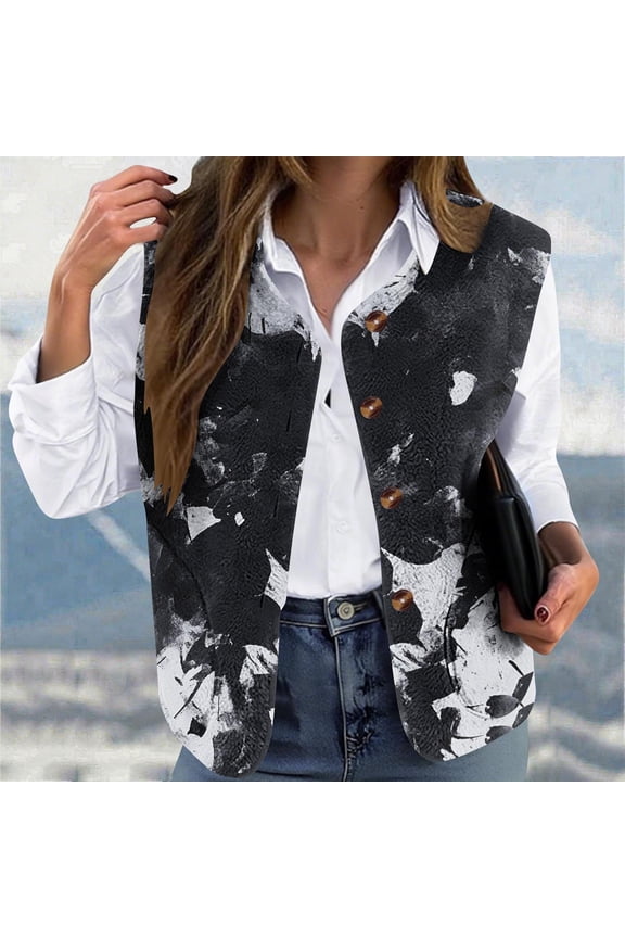 Women's Fleece Vest Warm Flannel-Like Loose Fit Button Front Casual Outerwear Winter Daily Print Uncollared Coat