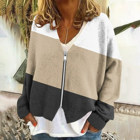 AUNVITO Women's Fleece Zip Cardigan Cozy Floral Print V-Neck Long Sleeve Outerwear Soft Warm Lined Jacket Windproof Winter Casual Loungewear