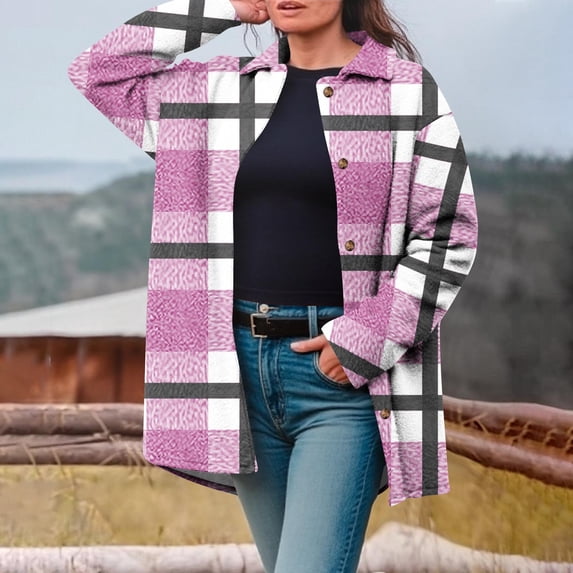 AUNVITO Women's Fluffy Fleece Winter Coat Loose Fit Printed Design Turn-Down Collar Button Closure Casual Long Sleeve Outerwear