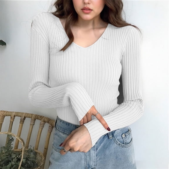 AUNVITO Women's Form Fitting Long Sleeve Sweater Solid Color Stretchy Knit Top Casual Chic-Style Style