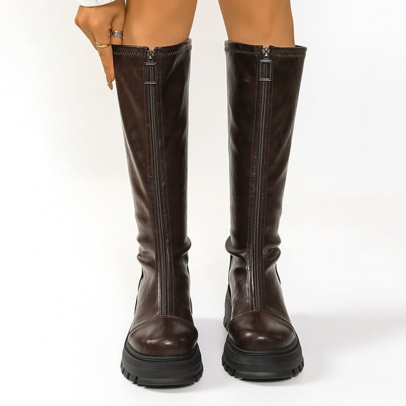 AUNVITO Women's Front Zipper Knee-High Boots Faux Leather Comfortable Thick Low Heel Casual Winter Shoes Round Toe Classic Black & Brown