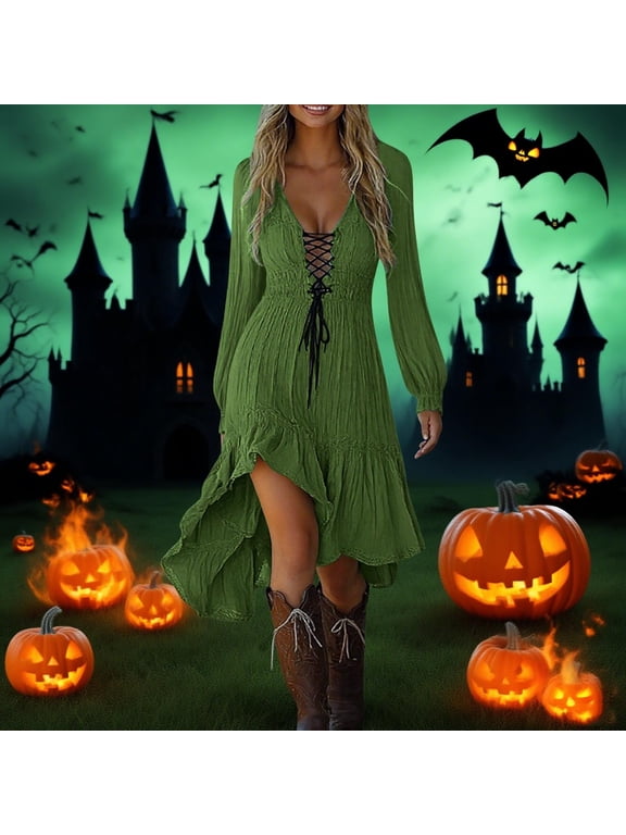 Women's Gothic Dress Long Sleeve Wave Pleated Irregular Hem with Lace Trim Gothic Style