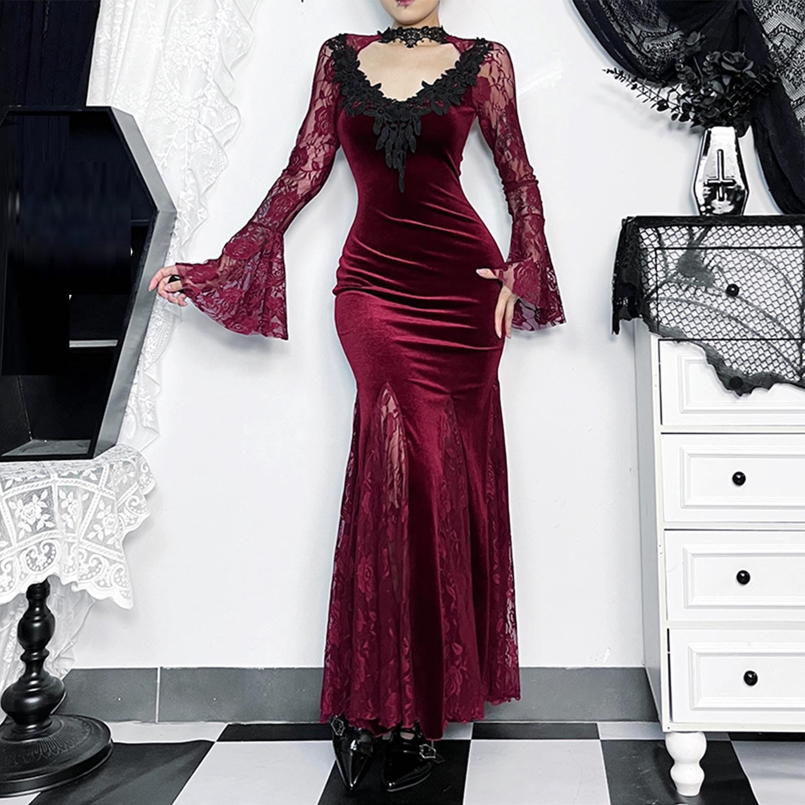 AUNVITO Women's Gothic Lace Fish Tail Long Sleeve Dress Elegant Turn-Down  Collar Stretch Polyester Spandex Evening Party Wear - Walmart.com