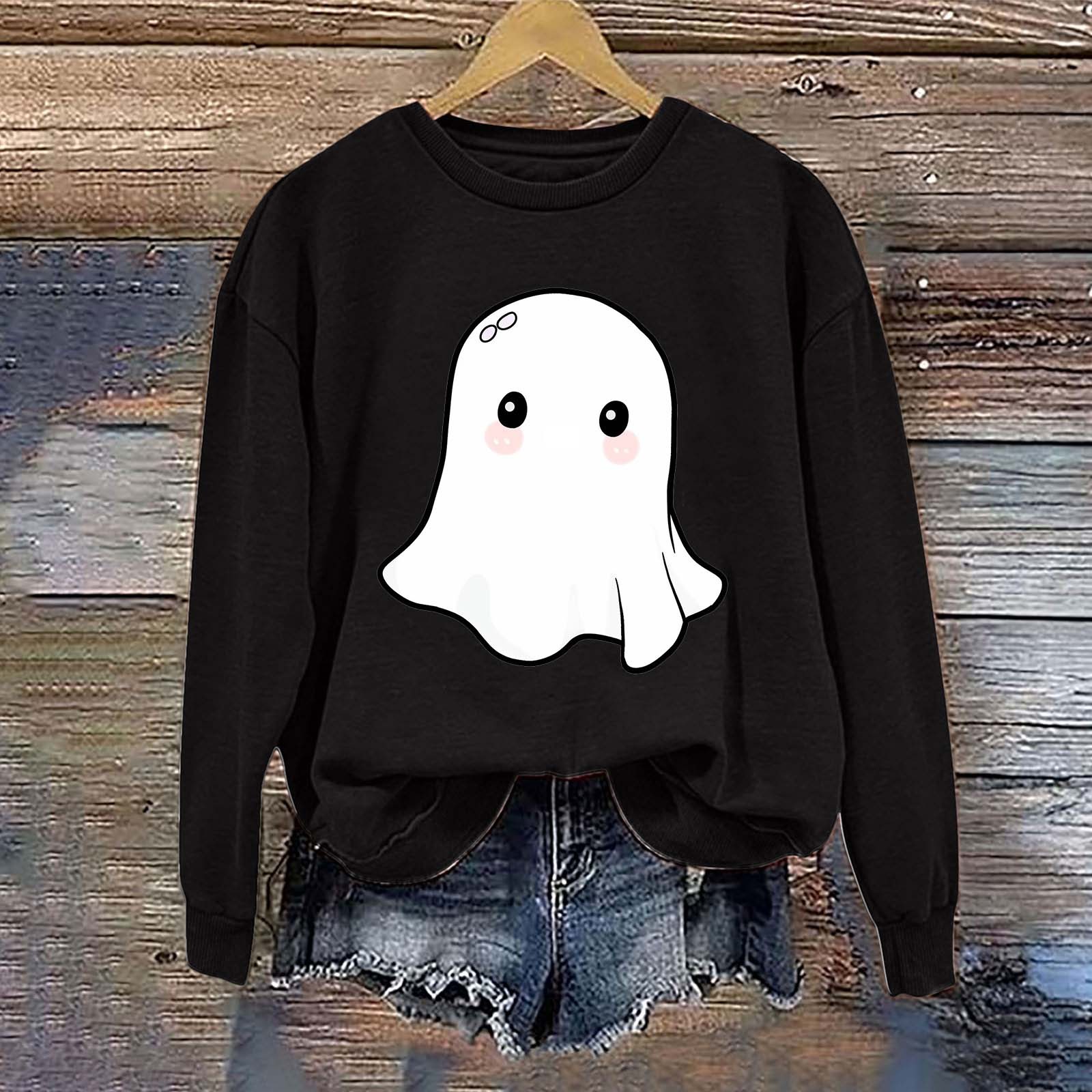 AUNVITO Women's Halloween Sweatshirt Cute Ghost Graphic Pullover Tops