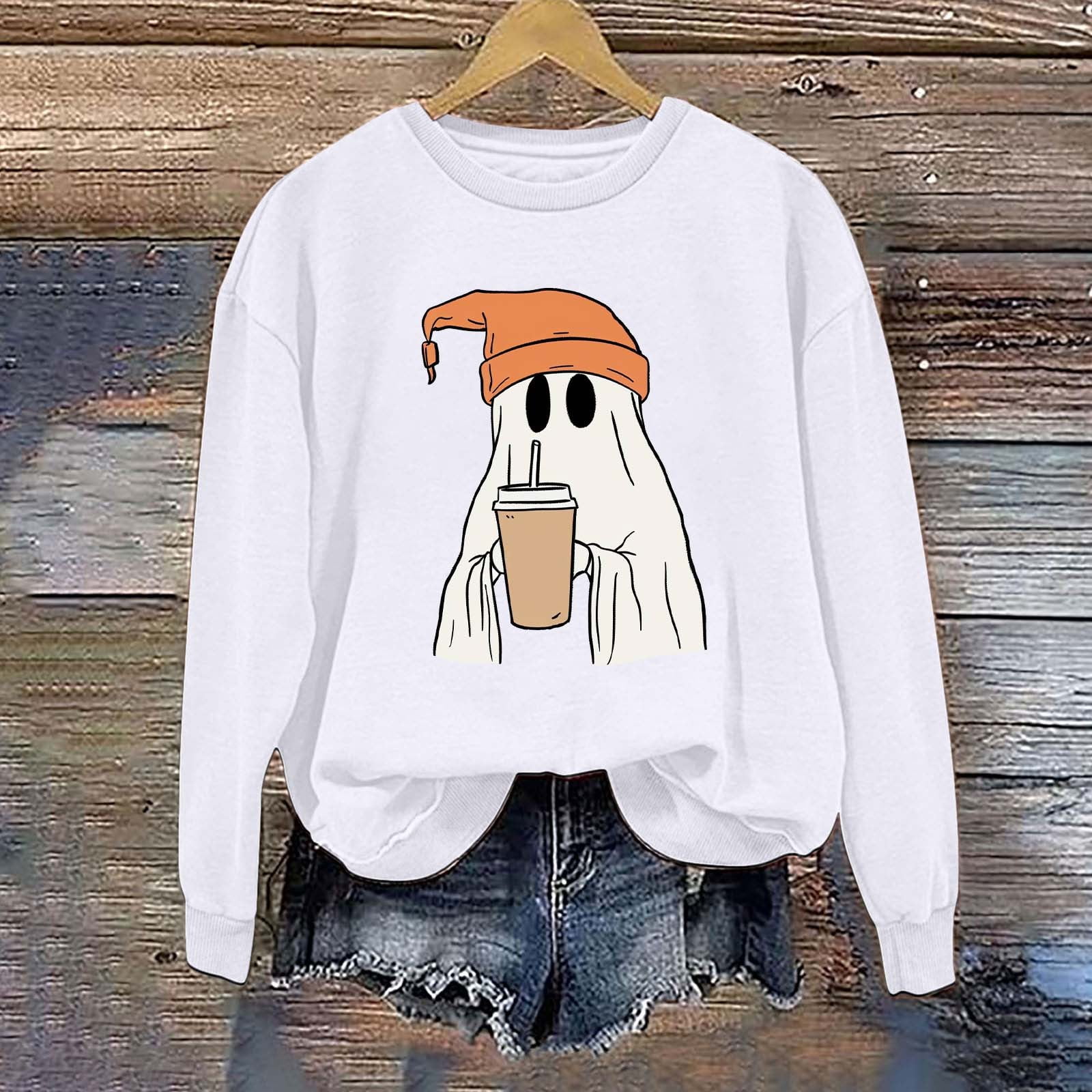 AUNVITO Women's Halloween Sweatshirt Cute Ghost Graphic Pullover Tops