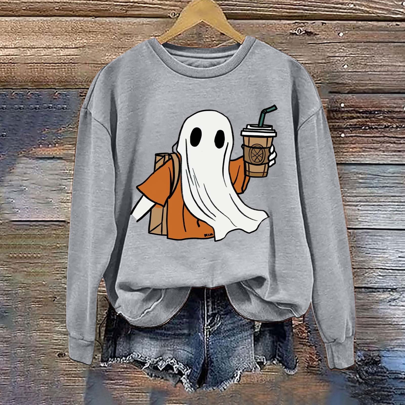 AUNVITO Women's Halloween Sweatshirt Cute Ghost Graphic Pullover Tops