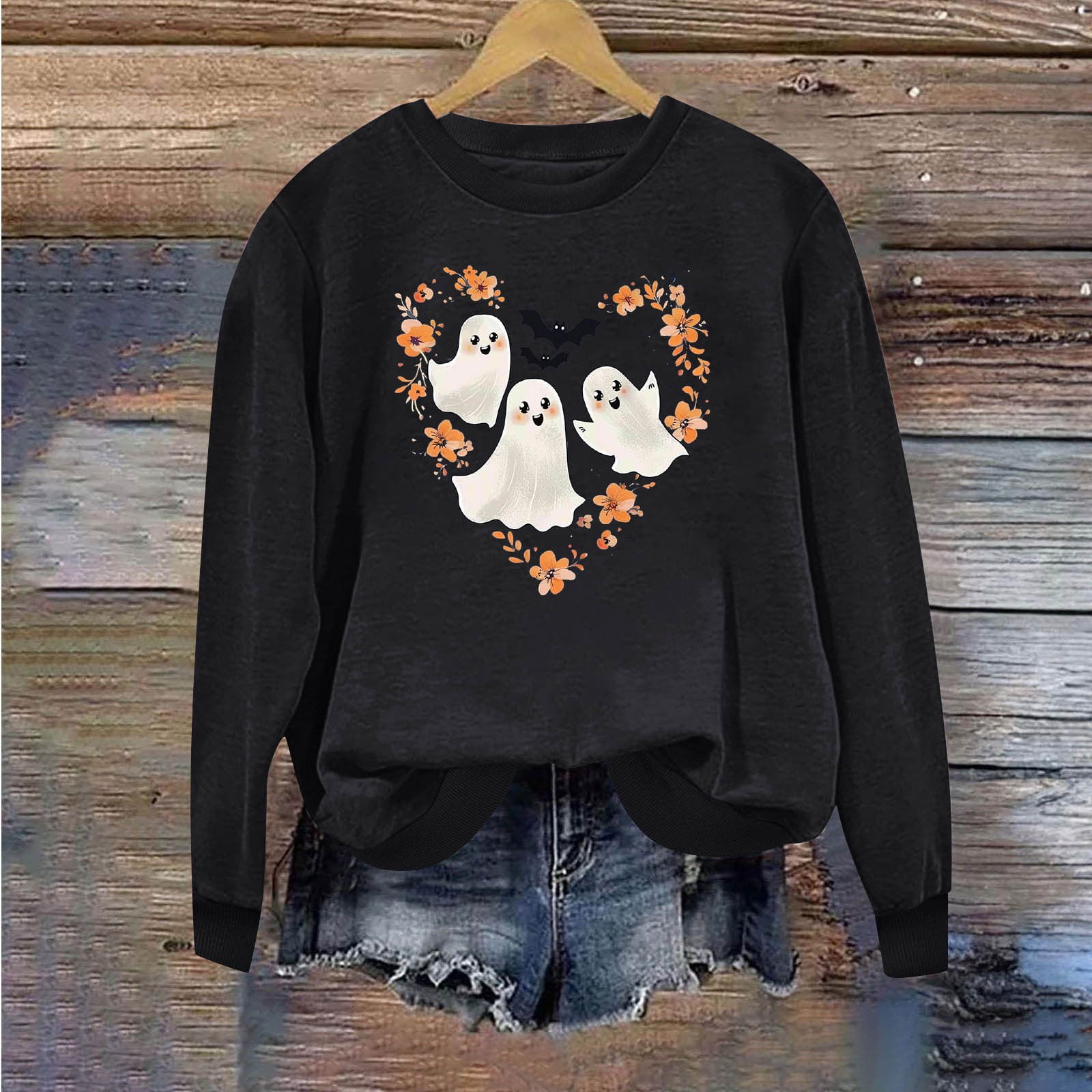 AUNVITO Women's Halloween Sweatshirt Cute Ghost Witch Graphic Pullover