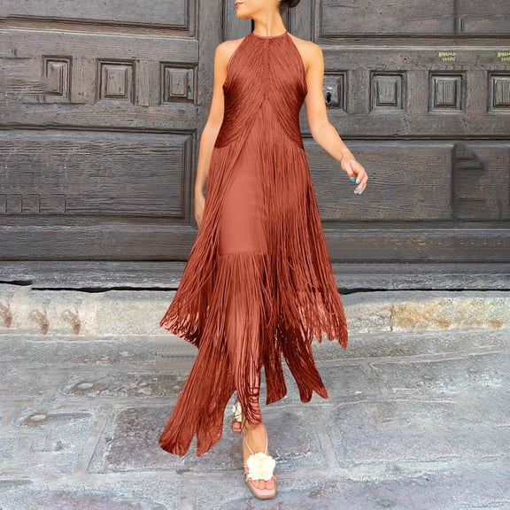 AUNVITO Women's Halter Neck Fringe Long Dress Elegant Party Gown with Flowy Silhouette
