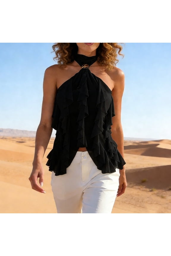 Women's Halter Neck Sleeveless Top with Ruffle Trim Sheer Mesh Casual Chic Style
