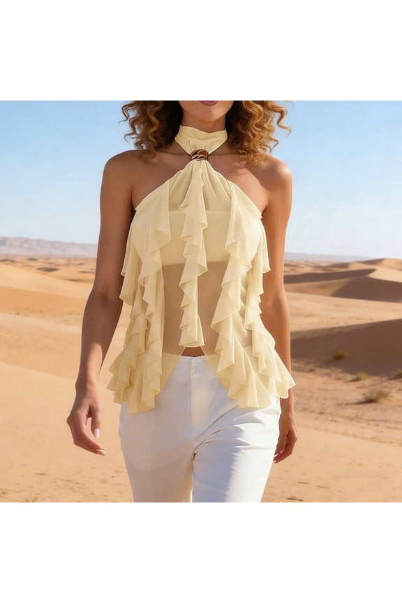 Women's Halter Neck Sleeveless Top with Ruffle Trim Sheer Mesh Casual Chic Style