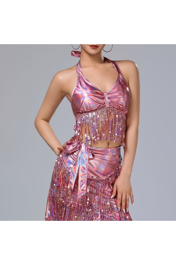 Women's Halter Top with Fringe Detail V-Neck Cropped Style Built-in Bra Glittery Finish for Dance and Stage Performance