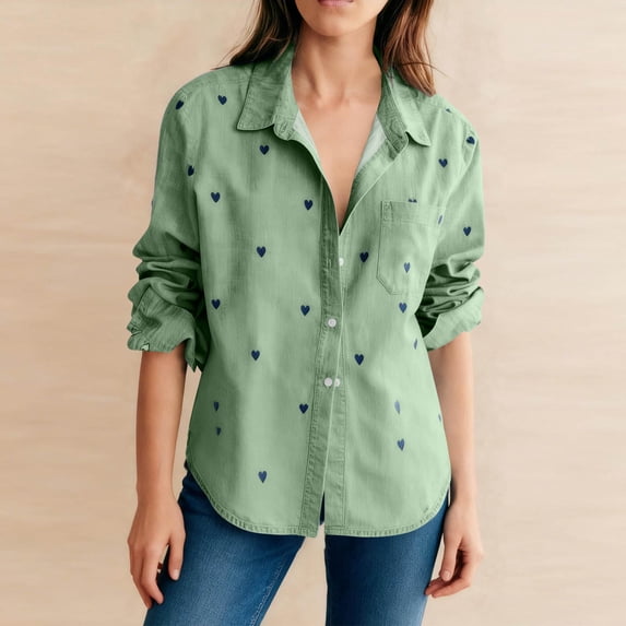 AUNVITO Women's Heart Print Shirt Button Down Long Sleeve Collared Casual and Chic Style