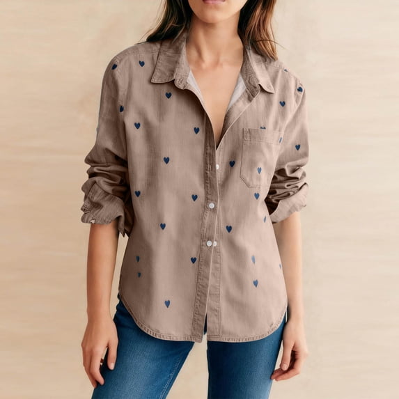 AUNVITO Women's Heart Print Shirt Button Down Long Sleeve Collared Casual and Chic Style
