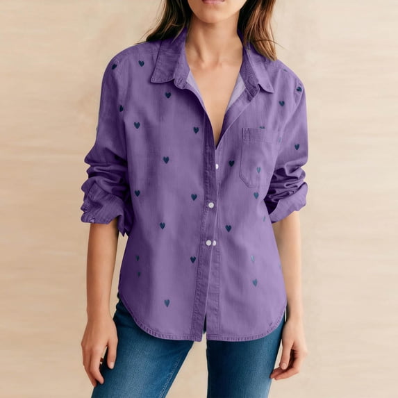 AUNVITO Women's Heart Print Shirt Button Down Long Sleeve Collared Casual and Chic Style