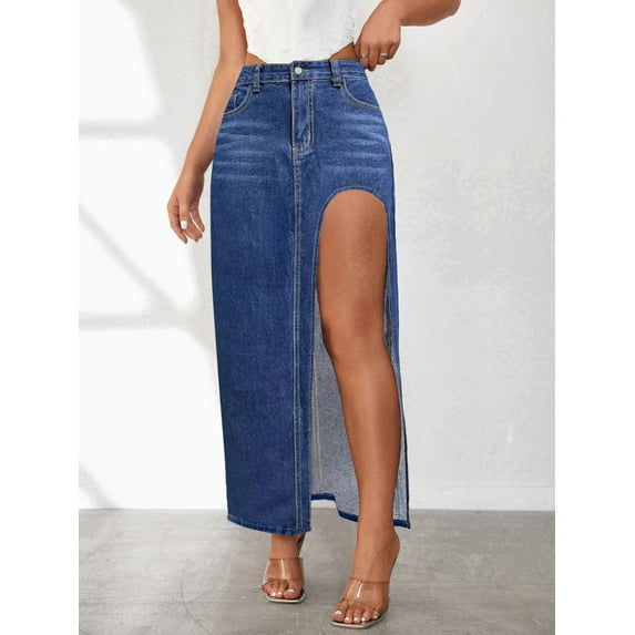 AUNVITO Women's High Slit Denim Skirt Casual Summer Stretch Comfortable Lightweight Vintage Style