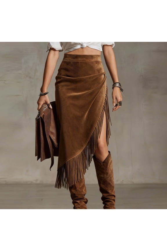 Women's High Waist Asymmetric Fringe Slit Slim Fit Mid-Length Skirt Boho Chic-Style Style