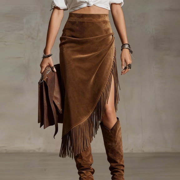 AUNVITO Women's High Waist Asymmetric Fringe Slit Slim Fit Mid-Length Skirt Boho Chic-Style Style