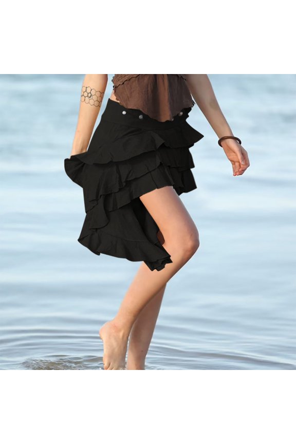 Women's High Waist Casual Multi-Layer Button Irregular Mid-Length Skirt with Pockets